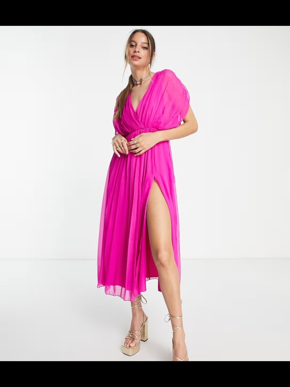 Fuschia Plunge Neck Pleated Midi Dress - Tall